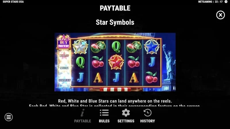 Super Stars USA – csillagok szimbólumok a Hold & Win funkcióban
